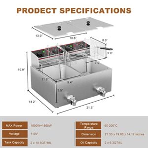 Commercial Deep Fryer with Basket 2 x 6.3QT/6L Electric Fryer with Drain Valve&Time Controller&Temperature Controller Countertop Large Stainless Steel 2 Baskets French Fry Fish Fat Fryer