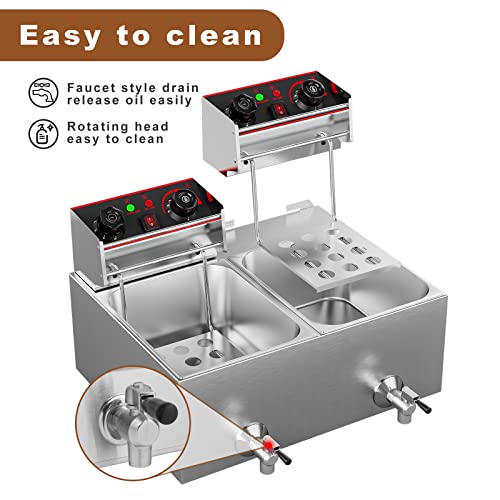 Commercial Deep Fryer with Basket 2 x 6.3QT/6L Electric Fryer with Drain Valve&Time Controller&Temperature Controller Countertop Large Stainless Steel 2 Baskets French Fry Fish Fat Fryer