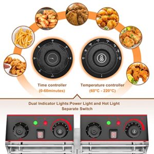 Commercial Deep Fryer with Basket 2 x 6.3QT/6L Electric Fryer with Drain Valve&Time Controller&Temperature Controller Countertop Large Stainless Steel 2 Baskets French Fry Fish Fat Fryer