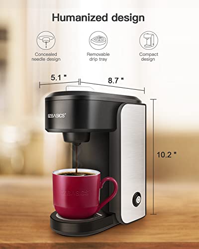 EZBASICS Single Serve Coffee Maker Coffee Brewer Compatible with Pod and Ground Coffee 4 to 10 Oz. Brew Sizes Fast Brewing Silver