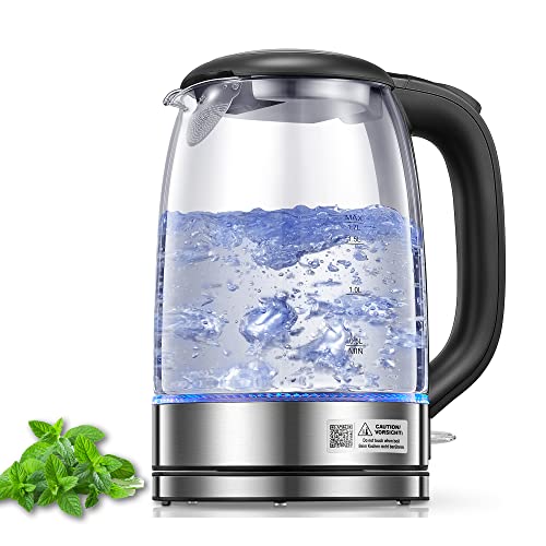 Electric Kettle with Stainless Steel Filter and Inner Lid, FOHERE 1500W Wide Opening 1.7L Glass Tea Kettle & Hot Water Boiler, LED Indicator Auto Shut-Off & Boil-Dry Protection, BPA Free