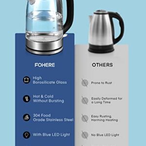 Electric Kettle with Stainless Steel Filter and Inner Lid, FOHERE 1500W Wide Opening 1.7L Glass Tea Kettle & Hot Water Boiler, LED Indicator Auto Shut-Off & Boil-Dry Protection, BPA Free