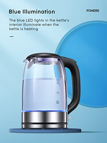 Electric Kettle with Stainless Steel Filter and Inner Lid, FOHERE 1500W Wide Opening 1.7L Glass Tea Kettle & Hot Water Boiler, LED Indicator Auto Shut-Off & Boil-Dry Protection, BPA Free