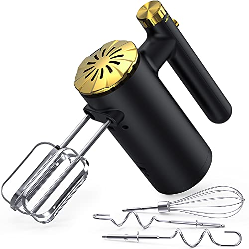 Hand Mixer Electric, 500W Power Handheld Mixer with Continuously Variable Speed Control + Eject Button + 5 Stainless Steel Accessories Kitchen Mixer for Easy Whipping, Baking, Cake (Black + Gold)