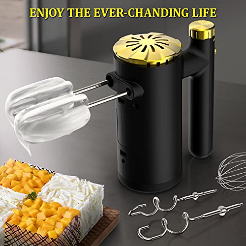 Hand Mixer Electric, 500W Power Handheld Mixer with Continuously Variable Speed Control + Eject Button + 5 Stainless Steel Accessories Kitchen Mixer for Easy Whipping, Baking, Cake (Black + Gold)