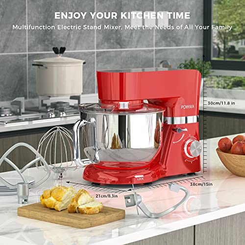 Stand Mixer, POWWA 7.5 QT Electric Mixer, 6+P Speed 660W Household Tilt-Head Kitchen Food Mixers with Whisk, Dough Hook, Mixing Beater & Splash Guard for Baking, Cake, Cookie, Kneading, ETL Certified (Red-with Handle)