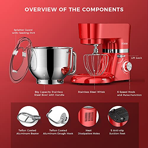 Stand Mixer, POWWA 7.5 QT Electric Mixer, 6+P Speed 660W Household Tilt-Head Kitchen Food Mixers with Whisk, Dough Hook, Mixing Beater & Splash Guard for Baking, Cake, Cookie, Kneading, ETL Certified (Red-with Handle)