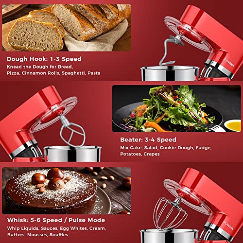 Stand Mixer, POWWA 7.5 QT Electric Mixer, 6+P Speed 660W Household Tilt-Head Kitchen Food Mixers with Whisk, Dough Hook, Mixing Beater & Splash Guard for Baking, Cake, Cookie, Kneading, ETL Certified (Red-with Handle)