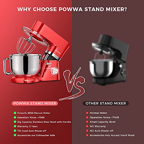 Stand Mixer, POWWA 7.5 QT Electric Mixer, 6+P Speed 660W Household Tilt-Head Kitchen Food Mixers with Whisk, Dough Hook, Mixing Beater & Splash Guard for Baking, Cake, Cookie, Kneading, ETL Certified (Red-with Handle)