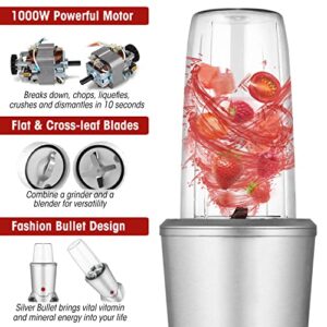 1000W Personal Bullet Blender for Shakes and Smoothies, Regenerate Nutri Aluminum Large Capacity Mixer with Blending & Grinding Blades for Kitchen, Tritan 34+17 Oz Travel Bottles for Fruits, Vegetables, Coffee, Countertop, Silver