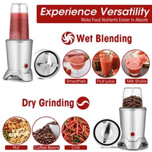 1000W Personal Bullet Blender for Shakes and Smoothies, Regenerate Nutri Aluminum Large Capacity Mixer with Blending & Grinding Blades for Kitchen, Tritan 34+17 Oz Travel Bottles for Fruits, Vegetables, Coffee, Countertop, Silver