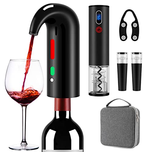 Valentines Wine Gift Set with Electric Wine Bottle Opener, Electric Aerator and Pourer, Reusable Vacuum Stopper, Foil Cutter and EVA Storage Bag, Rechargeable and Automatic (Black)