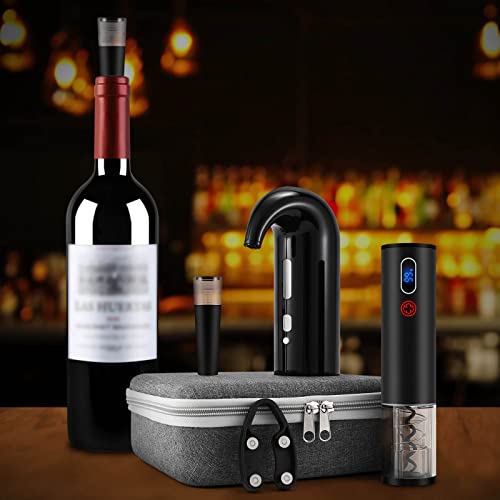 Valentines Wine Gift Set with Electric Wine Bottle Opener, Electric Aerator and Pourer, Reusable Vacuum Stopper, Foil Cutter and EVA Storage Bag, Rechargeable and Automatic (Black)