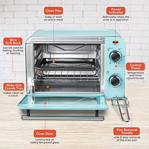 Elite Gourmet Americana ETO1200BL# Vintage Diner 50’s Retro Countertop Toaster Oven, 1300W, Bake, Broil, Toast, with Temperature Control & Adjustable 60-Minute Timer, Fits 9” Pizza, 4 Slice