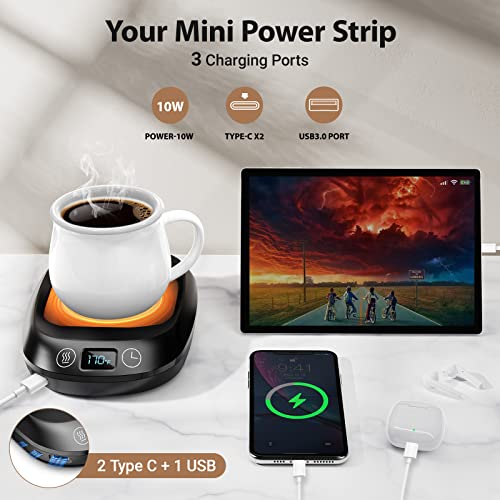 Coffee Mug Warmer,Coffee Warmer with 3 Temperature Settings, Auto Shutt-Off,Gravity Switch and 3x10W Charging Port, 70W Coffee Cup Warmer for Desk Use,Electric Beverage Warmer for Keep Coffee Tea Hot