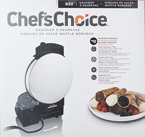 Chef'sChoice KrumKake Maker Features Nonstick Surface and Instant Heat Recovery with Temperature Control and Ready Light, Includes Roller, 1050-Watts, Silver