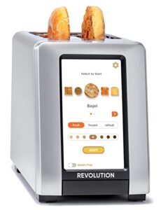 revolution instaglo r270 touchscreen toaster. 2-slice, high-end design, brushed platinum finish. the ultimate toasting experience with high-speed smart settings for 34 bread types including panini press mode, warming rack mode and gluten free mode.