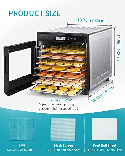 Ultrean Food Dehydrator, 8 Stainless Steel Trays Dehydrator for Jerky, Fruit, Veggies, Meat, Yogurt, Food Dryer Machine with Adjustable Digital Timer and Temperature Control (Rscipe Book Included)