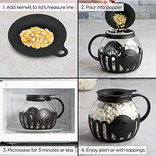 Ecolution Patented Micro-Pop Microwave Popcorn Popper with Temperature Safe Glass, 3-in-1 Lid Measures Kernels and Melts Butter, Made Without BPA, Dishwasher Safe, 3-Quart, Black