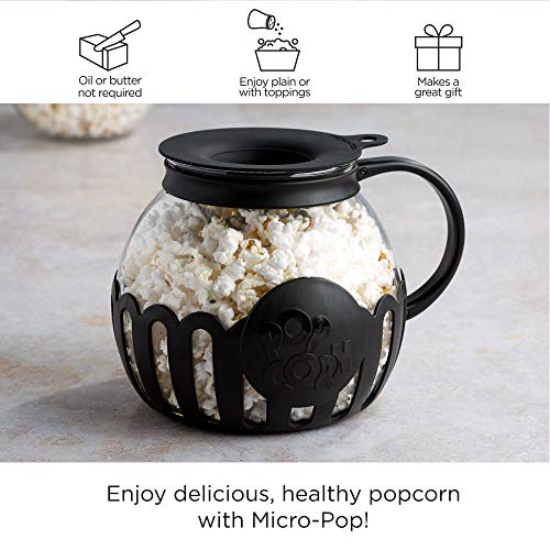 Ecolution Patented Micro-Pop Microwave Popcorn Popper with Temperature Safe Glass, 3-in-1 Lid Measures Kernels and Melts Butter, Made Without BPA, Dishwasher Safe, 3-Quart, Black