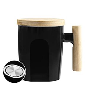 HOWAY Flat Bottom Mug with Wood Lid, Ceramic Tea Cup for Coffee Warmer, Flat Bottomed, Wooden Handle, 14oz