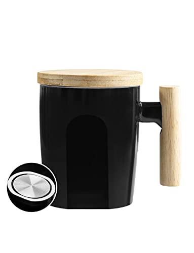 HOWAY Flat Bottom Mug with Wood Lid, Ceramic Tea Cup for Coffee Warmer, Flat Bottomed, Wooden Handle, 14oz