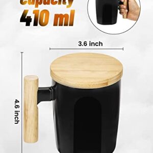 HOWAY Flat Bottom Mug with Wood Lid, Ceramic Tea Cup for Coffee Warmer, Flat Bottomed, Wooden Handle, 14oz