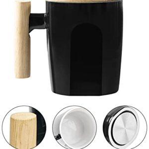 HOWAY Flat Bottom Mug with Wood Lid, Ceramic Tea Cup for Coffee Warmer, Flat Bottomed, Wooden Handle, 14oz