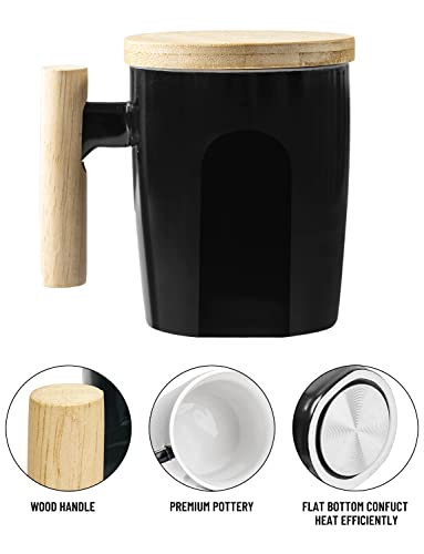 HOWAY Flat Bottom Mug with Wood Lid, Ceramic Tea Cup for Coffee Warmer, Flat Bottomed, Wooden Handle, 14oz