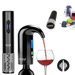 electric wine opener gift set, electric wine aerator pourer, wine decanter set, vacuum wine stopper, automatic wine dispenser pump, rechargeable wine bottle opener (black)