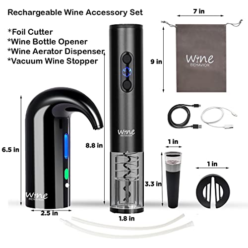 Electric Wine Opener Gift Set, Electric Wine Aerator Pourer, Wine Decanter Set, Vacuum Wine Stopper, Automatic Wine Dispenser Pump, Rechargeable Wine Bottle Opener (Black)