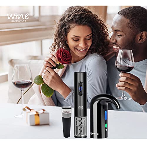 Electric Wine Opener Gift Set, Electric Wine Aerator Pourer, Wine Decanter Set, Vacuum Wine Stopper, Automatic Wine Dispenser Pump, Rechargeable Wine Bottle Opener (Black)