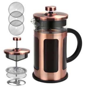 favia french press coffee maker 12 ounce stainless steel with borosilicate glass heat resistant 4 level filtration system for brew coffee & tea dishwasher safe 350ml (12oz, stainless copper)
