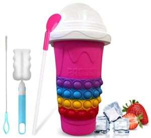 pink instant slushie cup,1 pack slushy cup maker tiktok, slush squeeze cup for quick diy with straw spoon, cup brush, straw brush, & pop-it cup sleeve