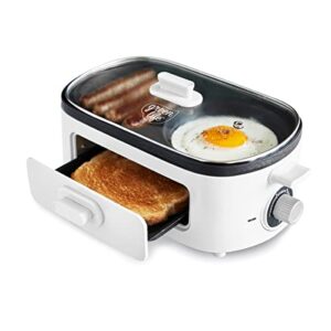 greenlife 3-in-1 breakfast maker station, healthy ceramic nonstick dual griddles for eggs meat and pancakes, 2 slice toast drawer, easy-to-use timer, white