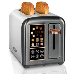 seedeem toaster 2 slice, stainless steel bread toaster with lcd display and touch buttons, 50% faster heating speed, 6 bread selection, 7 shade settings, 1.5”wide slots toaster with cancel/defrost/reheat functions, removable crumb tray, 1350w, dark metal