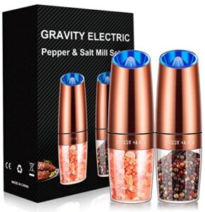 gravity electric pepper and salt grinder set, adjustable coarseness, battery powered with led light, one hand automatic operation, stainless steel copper, 2 pack