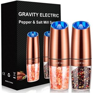 Gravity Electric Pepper and Salt Grinder Set, Adjustable Coarseness, Battery Powered with LED Light, One Hand Automatic Operation, Stainless Steel Copper, 2 Pack