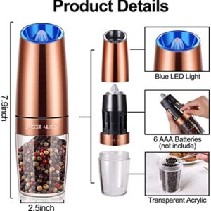 Gravity Electric Pepper and Salt Grinder Set, Adjustable Coarseness, Battery Powered with LED Light, One Hand Automatic Operation, Stainless Steel Copper, 2 Pack