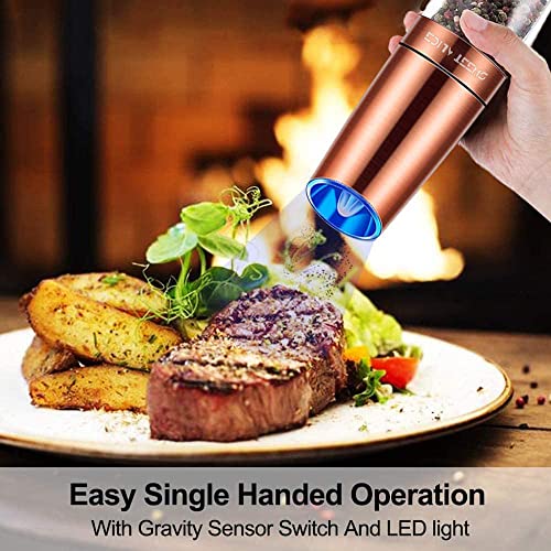 Gravity Electric Pepper and Salt Grinder Set, Adjustable Coarseness, Battery Powered with LED Light, One Hand Automatic Operation, Stainless Steel Copper, 2 Pack