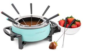 nostalgia electric fondue pot, 12-cup, fondue machine with temperature control, 8 forks, cool-touch handles, perfect for chocolate melting, cheese, caramel, aqua
