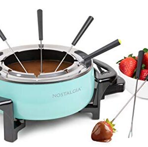 Nostalgia Electric Fondue Pot, 12-Cup, Fondue Machine with Temperature Control, 8 Forks, Cool-Touch Handles, Perfect for Chocolate Melting, Cheese, Caramel, Aqua