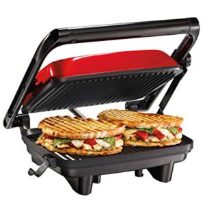 Hamilton Beach Electric Panini Press Grill with Locking Lid, Opens 180 Degrees for Any Sandwich Thickness, Nonstick 8" X 10" Grids, Red (25462Z)