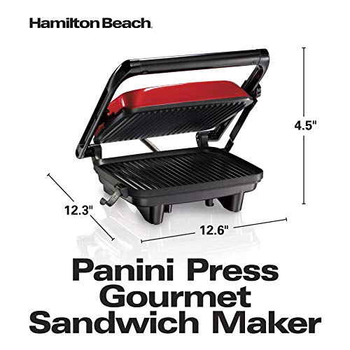 Hamilton Beach Electric Panini Press Grill with Locking Lid, Opens 180 Degrees for Any Sandwich Thickness, Nonstick 8" X 10" Grids, Red (25462Z)