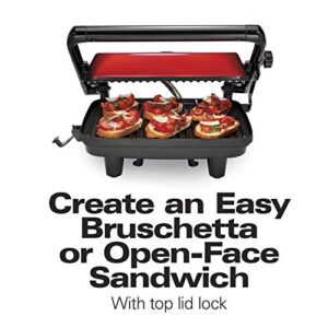 Hamilton Beach Electric Panini Press Grill with Locking Lid, Opens 180 Degrees for Any Sandwich Thickness, Nonstick 8" X 10" Grids, Red (25462Z)