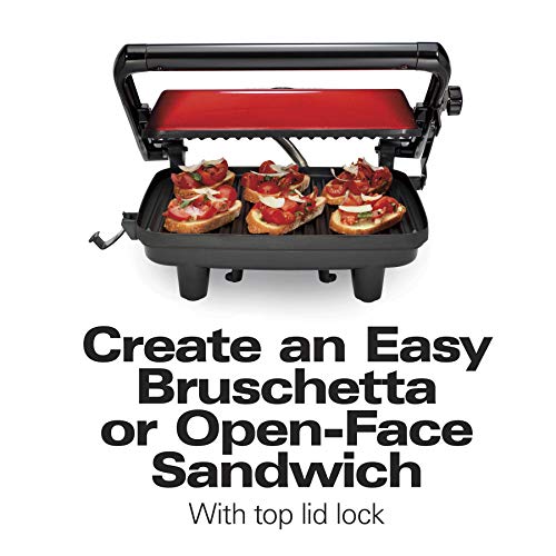 Hamilton Beach Electric Panini Press Grill with Locking Lid, Opens 180 Degrees for Any Sandwich Thickness, Nonstick 8" X 10" Grids, Red (25462Z)