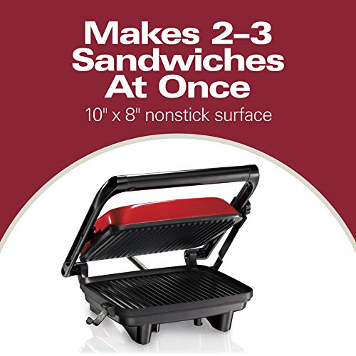 Hamilton Beach Electric Panini Press Grill with Locking Lid, Opens 180 Degrees for Any Sandwich Thickness, Nonstick 8" X 10" Grids, Red (25462Z)