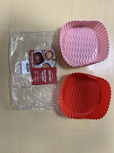 OUTXE 2-Pack Silicone Air Fryer Liner 7.5inch Reusable Air Fryer Silicone Basket Heat Resistant Easy Cleaning Air fryers Silicone Pot Round for 3 to 5 Qt for Air fryer Oven Accessories (Pink+Red)