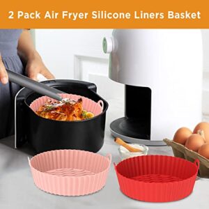 OUTXE 2-Pack Silicone Air Fryer Liner 7.5inch Reusable Air Fryer Silicone Basket Heat Resistant Easy Cleaning Air fryers Silicone Pot Round for 3 to 5 Qt for Air fryer Oven Accessories (Pink+Red)