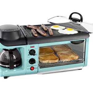 Nostalgia Retro 3-in-1 Family Size Electric Breakfast Station, Non Stick Die Cast Grill/Griddle, 4 Slice Toaster Oven, Coffee Maker, Aqua